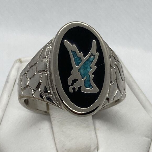 Turquoise Inlay Eagle Accessories | Vintage Diving Eagle Ring Crushed Turquoise Inlay Ring ...